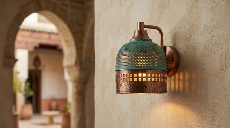 Handmade Brass Moroccan Wall Sconce – Verdigris Green Patina & Copper Hammered Brass Wall Light with Square Cutout Band, Rustic Boho Wall Lamp