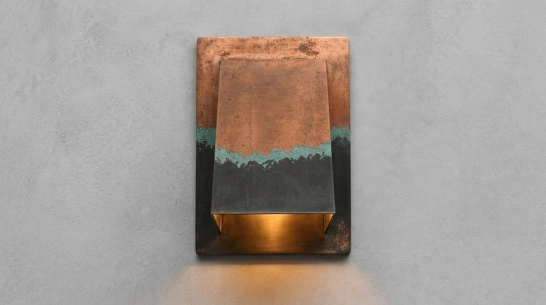 Handmade Geometric Brass Wall Sconce with Copper, Black and Verdigris Patina – Triangular Architectural Wall Light for Hallway, Bedroom, Bathroom, Entryway and Modern Rustic Décor