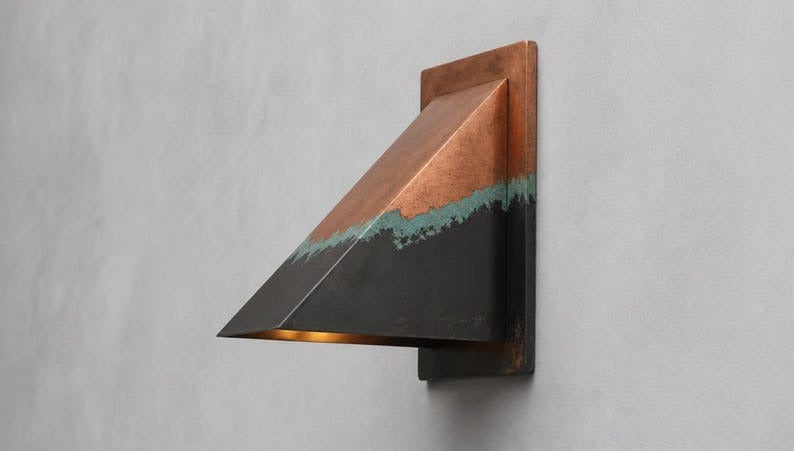 Handmade Geometric Brass Wall Sconce with Copper, Black and Verdigris Patina – Triangular Architectural Wall Light for Hallway, Bedroom, Bathroom, Entryway and Modern Rustic Décor