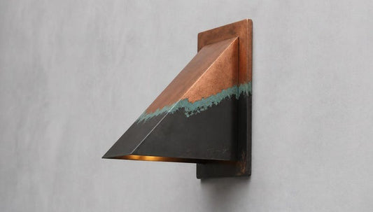 Handmade Geometric Brass Wall Sconce with Copper, Black and Verdigris Patina – Triangular Architectural Wall Light for Hallway, Bedroom, Bathroom, Entryway and Modern Rustic Décor