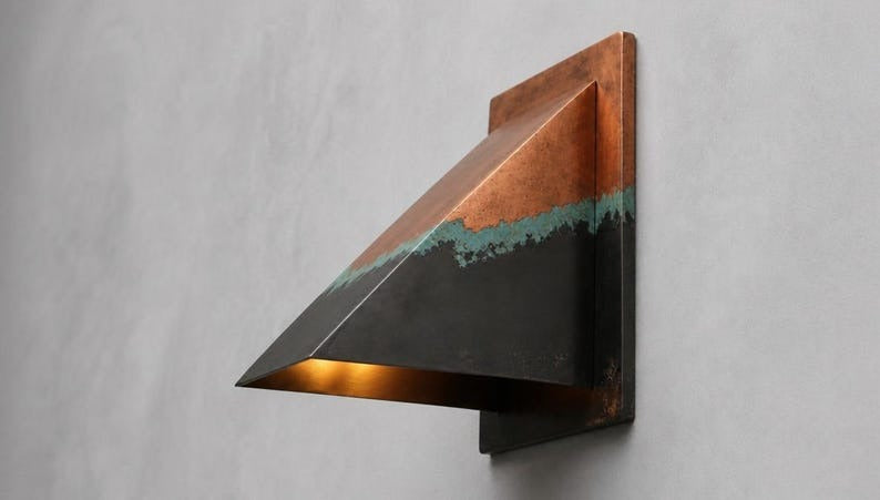 Handmade Geometric Brass Wall Sconce with Copper, Black and Verdigris Patina – Triangular Architectural Wall Light for Hallway, Bedroom, Bathroom, Entryway and Modern Rustic Décor