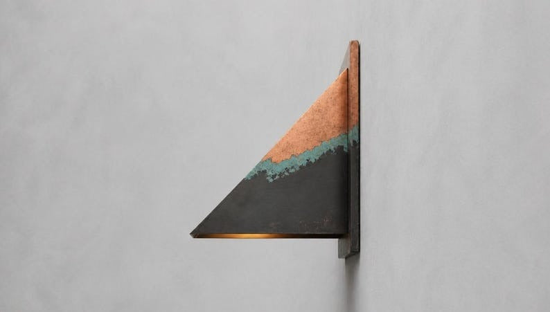 Handmade Geometric Brass Wall Sconce with Copper, Black and Verdigris Patina – Triangular Architectural Wall Light for Hallway, Bedroom, Bathroom, Entryway and Modern Rustic Décor