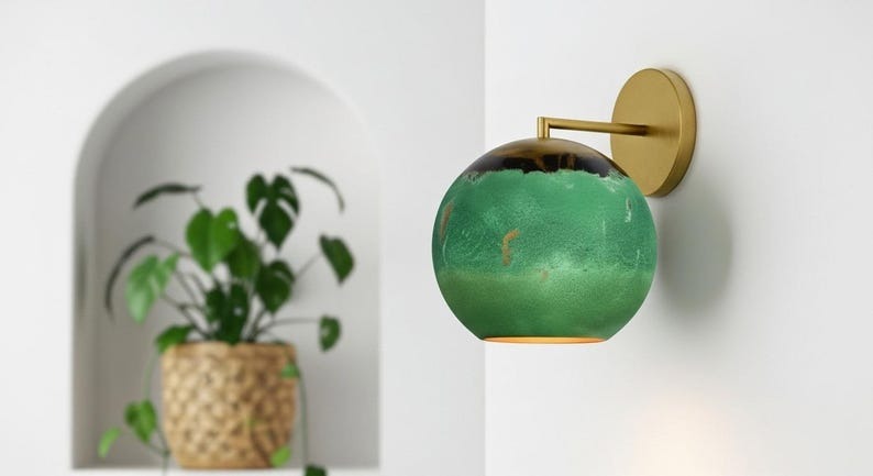 Handmade Moroccan Brass Globe Wall Sconce – Green Verdigris Patina Brass Wall Light with Antique Gold Arm, Modern Boho Bedside Lamp for Bedroom, Hallway, Bathroom & Entryway