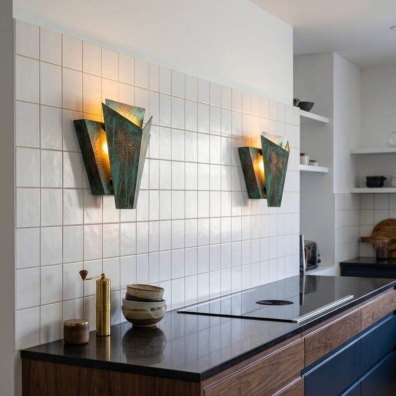 Handmade Moroccan Brass Wall Sconce – Geometric Art Deco Verdigris Wall Light with Hammered Brass Panels and Warm Gold Glow for Bedroom, Hallway, Entryway & Living Room
