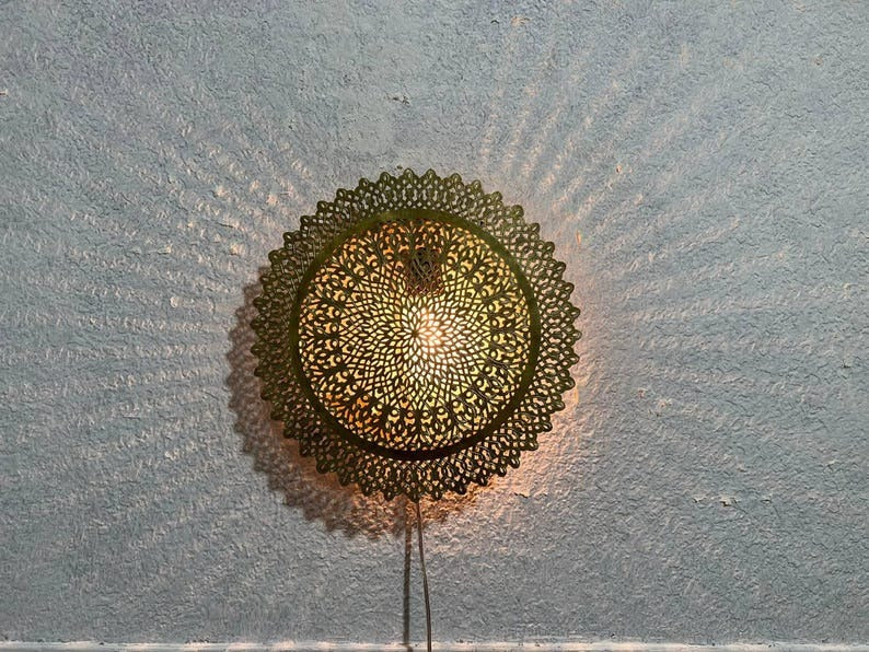 Handmade Moroccan Brass Wall Sconce – Round Mandala Cutout Light with Floral Lace Pattern for Boho Wall Décor, Bedroom, Hallway & Living Room
