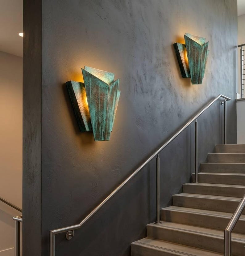 Handmade Moroccan Brass Wall Sconce – Geometric Art Deco Verdigris Wall Light with Hammered Brass Panels and Warm Gold Glow for Bedroom, Hallway, Entryway & Living Room