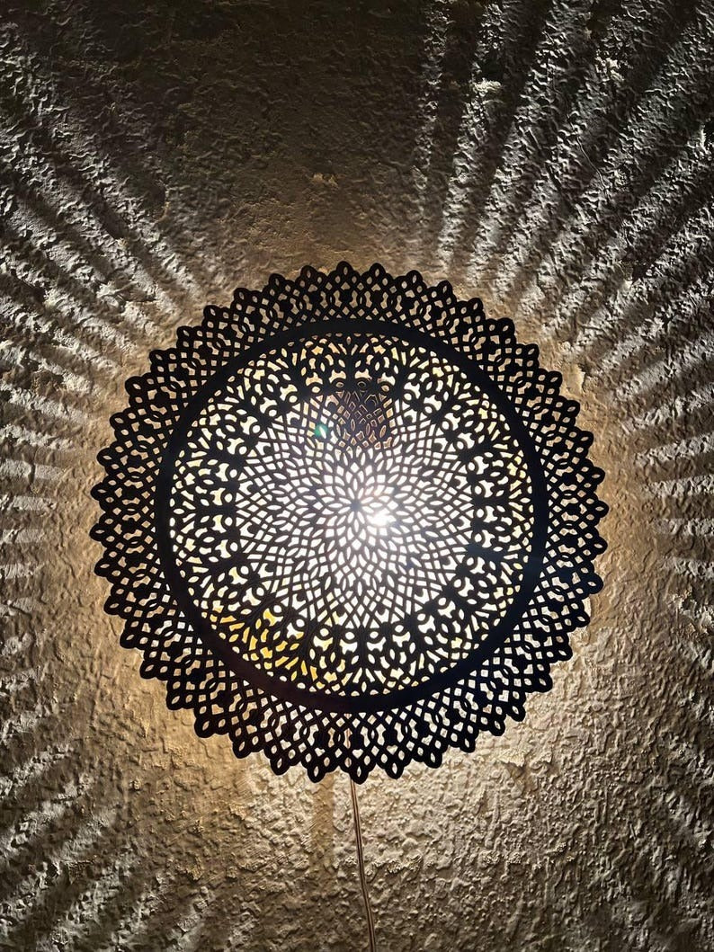 Handmade Moroccan Brass Wall Sconce – Round Mandala Cutout Light with Floral Lace Pattern for Boho Wall Décor, Bedroom, Hallway & Living Room