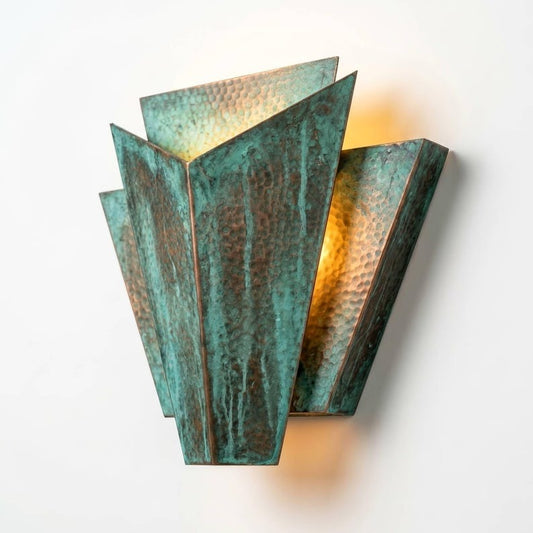 Handmade Moroccan Brass Wall Sconce – Geometric Art Deco Verdigris Wall Light with Hammered Brass Panels and Warm Gold Glow for Bedroom, Hallway, Entryway & Living Room