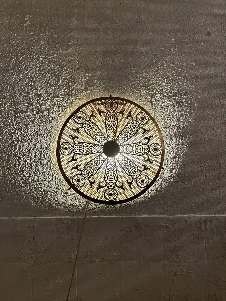 Moroccan Pierced Brass Wall Sconce – Round Filigree Mandala Light with Decorative Shadow Pattern
