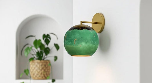 Handmade Moroccan Brass Globe Wall Sconce – Green Verdigris Patina Brass Wall Light with Antique Gold Arm, Modern Boho Bedside Lamp for Bedroom, Hallway, Bathroom & Entryway