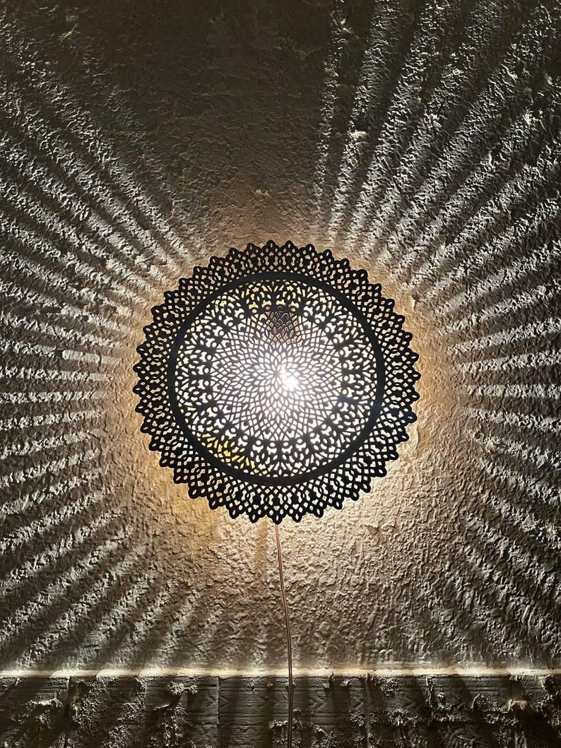 Handmade Moroccan Brass Wall Sconce – Round Mandala Cutout Light with Floral Lace Pattern for Boho Wall Décor, Bedroom, Hallway & Living Room