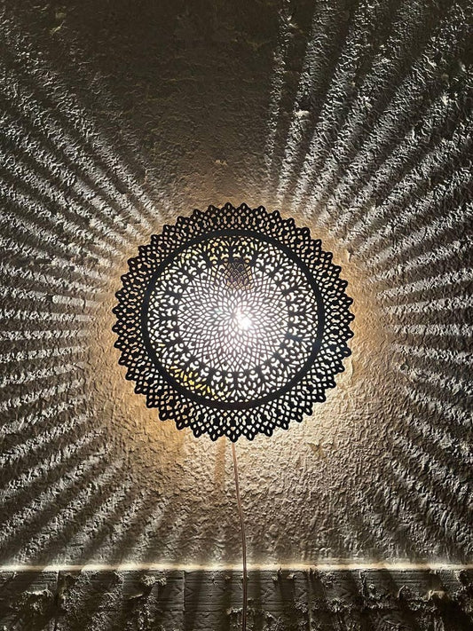 Handmade Moroccan Brass Wall Sconce – Round Mandala Cutout Light with Floral Lace Pattern for Boho Wall Décor, Bedroom, Hallway & Living Room