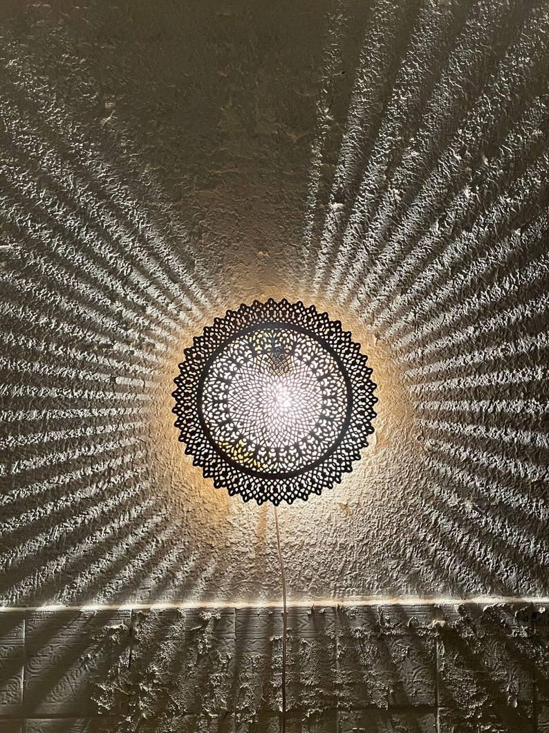 Handmade Moroccan Brass Wall Sconce – Round Mandala Cutout Light with Floral Lace Pattern for Boho Wall Décor, Bedroom, Hallway & Living Room