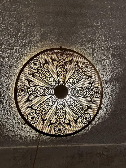 Moroccan Pierced Brass Wall Sconce – Round Filigree Mandala Light with Decorative Shadow Pattern
