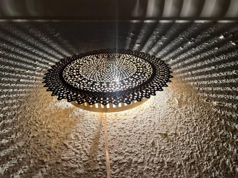 Handmade Moroccan Brass Wall Sconce – Round Mandala Cutout Light with Floral Lace Pattern for Boho Wall Décor, Bedroom, Hallway & Living Room