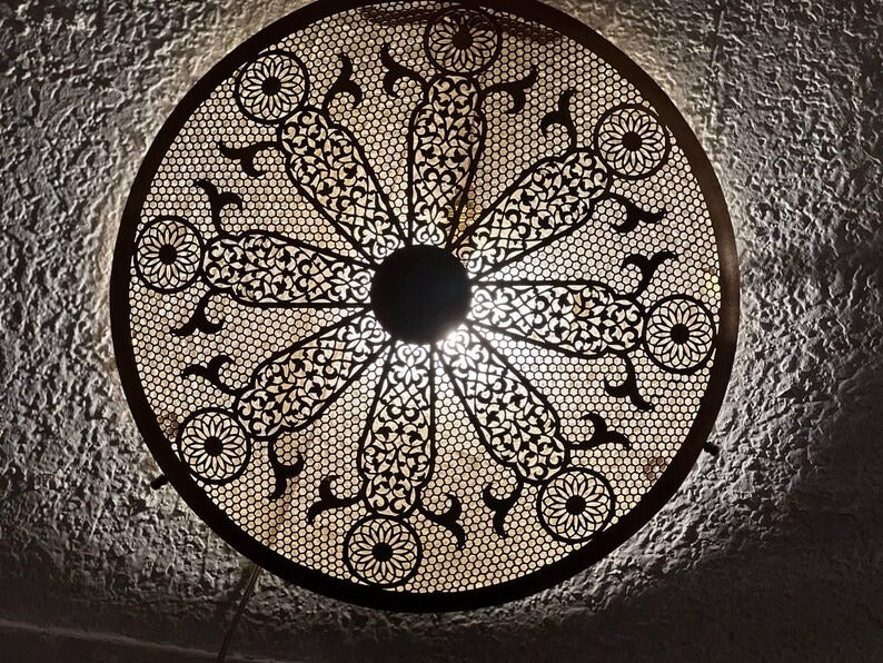 Moroccan Pierced Brass Wall Sconce – Round Filigree Mandala Light with Decorative Shadow Pattern