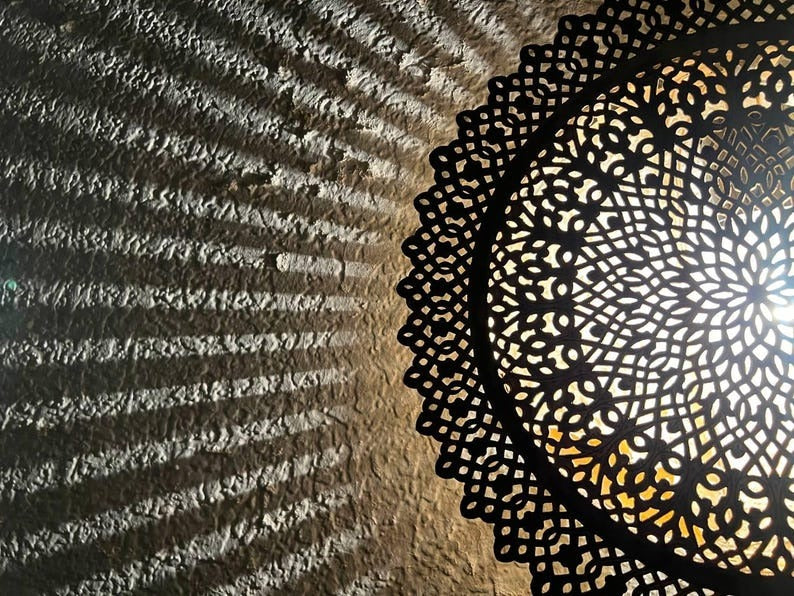 Handmade Moroccan Brass Wall Sconce – Round Mandala Cutout Light with Floral Lace Pattern for Boho Wall Décor, Bedroom, Hallway & Living Room