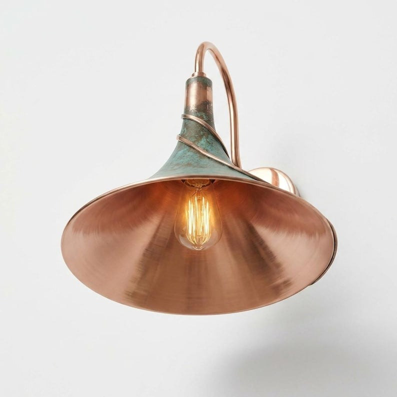 Handmade Moroccan Brass Wall Sconce – Green Verdigris Cone Wall Light with Sculptural Copper Spiral and Curved Gooseneck Arm for Bedroom, Kitchen, Hallway & Entryway