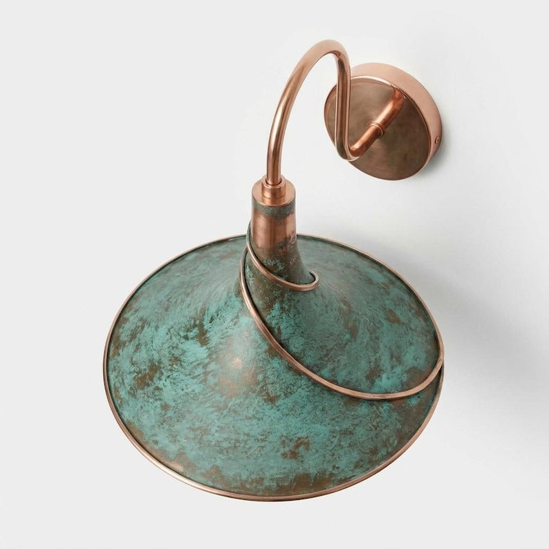 Handmade Moroccan Brass Wall Sconce – Green Verdigris Cone Wall Light with Sculptural Copper Spiral and Curved Gooseneck Arm for Bedroom, Kitchen, Hallway & Entryway