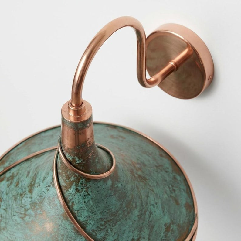 Handmade Moroccan Brass Wall Sconce – Green Verdigris Cone Wall Light with Sculptural Copper Spiral and Curved Gooseneck Arm for Bedroom, Kitchen, Hallway & Entryway