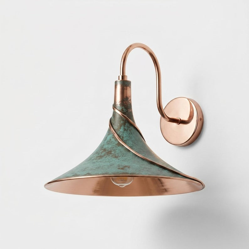 Handmade Moroccan Brass Wall Sconce – Green Verdigris Cone Wall Light with Sculptural Copper Spiral and Curved Gooseneck Arm for Bedroom, Kitchen, Hallway & Entryway