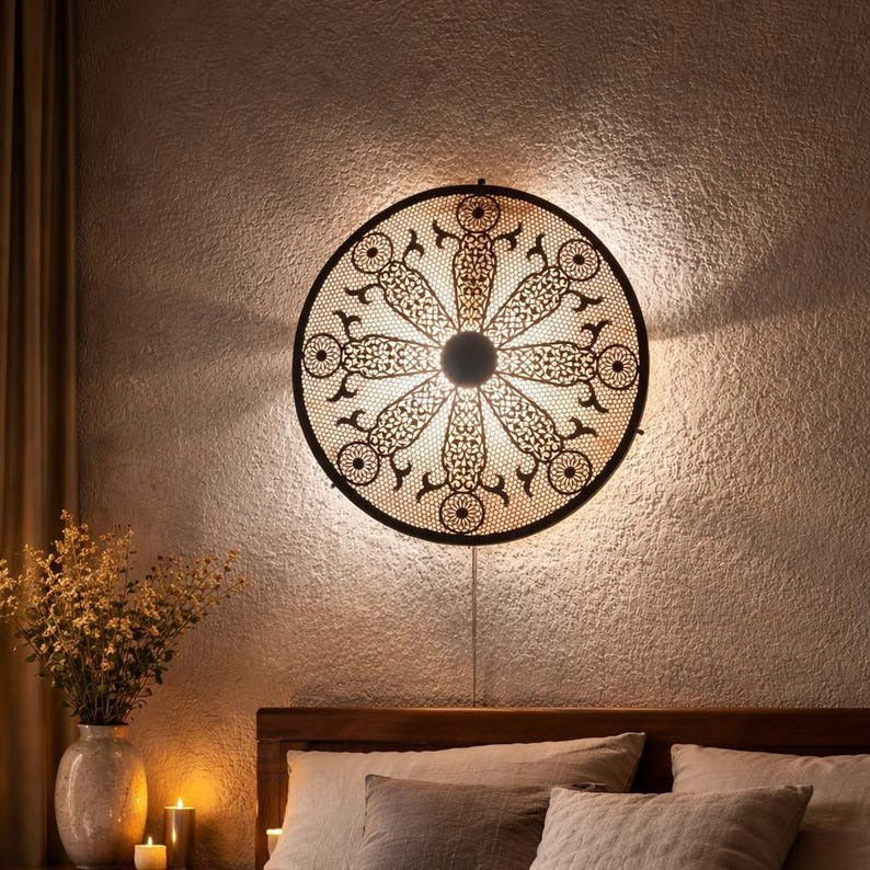 Handmade Moroccan Brass Wall Sconce – Round Pierced Mandala Wall Light, Black Moorish Floral Disc Lamp for Living Room, Bedroom & Hallway