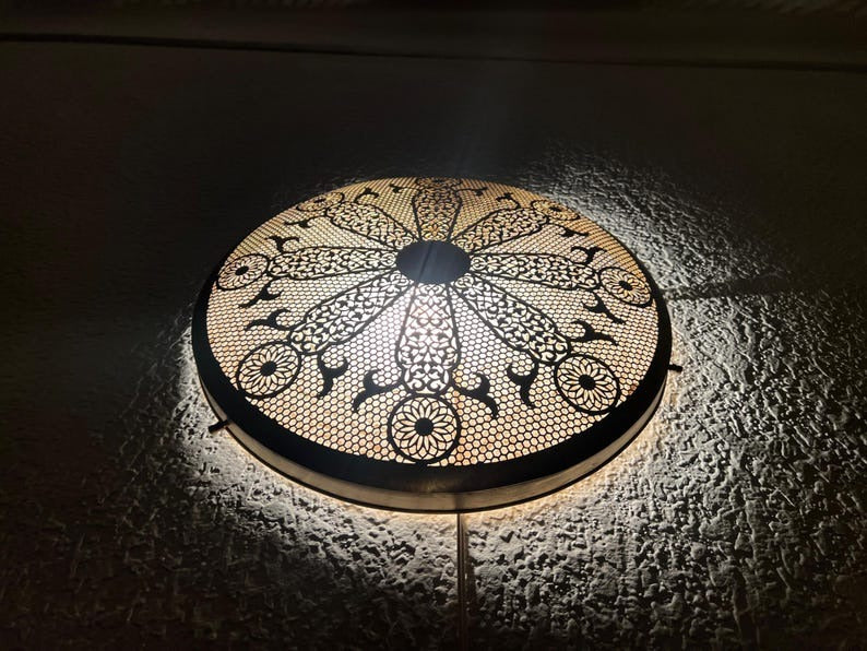 Handmade Moroccan Brass Wall Sconce – Round Pierced Mandala Wall Light, Black Moorish Floral Disc Lamp for Living Room, Bedroom & Hallway