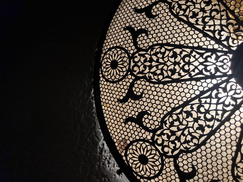 Handmade Moroccan Brass Wall Sconce – Round Pierced Mandala Wall Light, Black Moorish Floral Disc Lamp for Living Room, Bedroom & Hallway