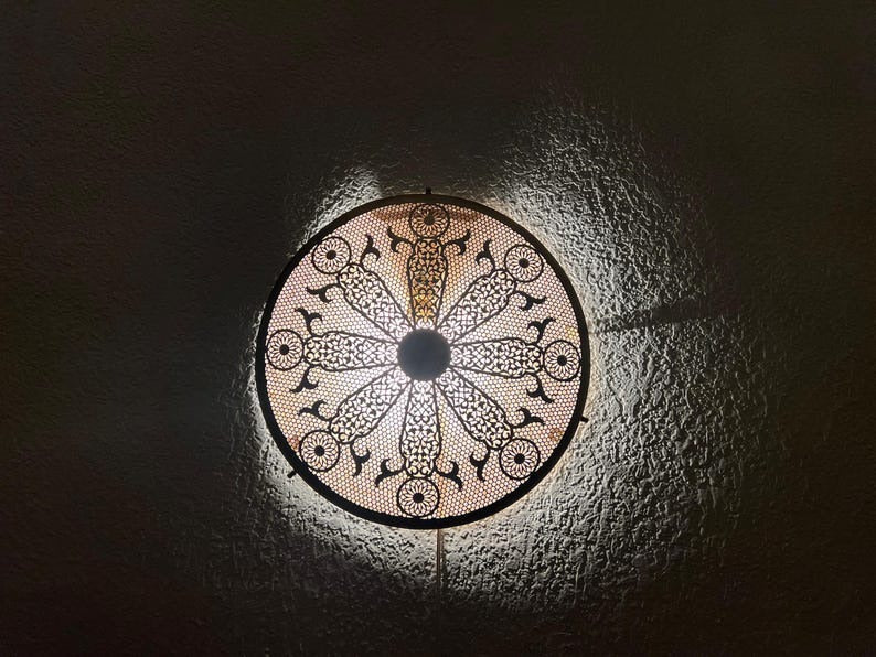 Handmade Moroccan Brass Wall Sconce – Round Pierced Mandala Wall Light, Black Moorish Floral Disc Lamp for Living Room, Bedroom & Hallway