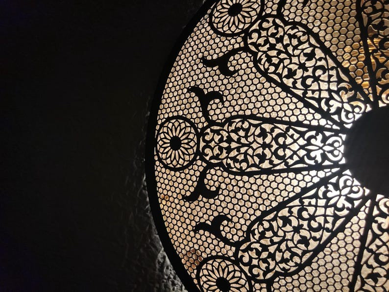 Handmade Moroccan Brass Wall Sconce – Round Pierced Mandala Wall Light, Black Moorish Floral Disc Lamp for Living Room, Bedroom & Hallway