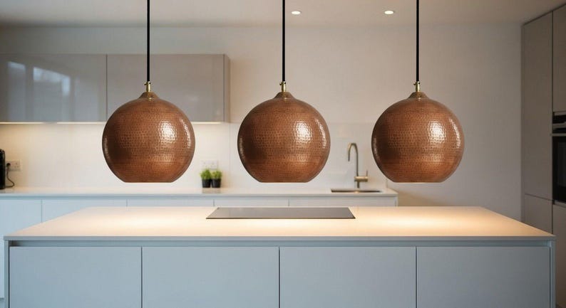 Handmade Moroccan Brass Globe Pendant Light – Hammered Copper Brass Hanging Lamp, Warm Boho Mediterranean Ceiling Light for Kitchen Island, Dining Room, Bedroom & Entryway