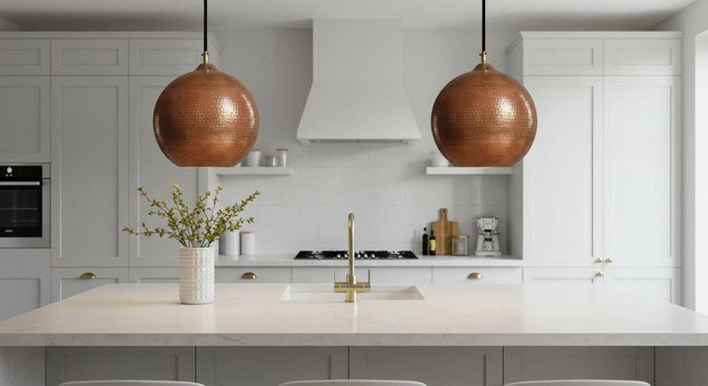 Handmade Moroccan Brass Globe Pendant Light – Hammered Copper Brass Hanging Lamp, Warm Boho Mediterranean Ceiling Light for Kitchen Island, Dining Room, Bedroom & Entryway