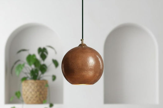 Handmade Moroccan Brass Globe Pendant Light – Hammered Copper Brass Hanging Lamp, Warm Boho Mediterranean Ceiling Light for Kitchen Island, Dining Room, Bedroom & Entryway