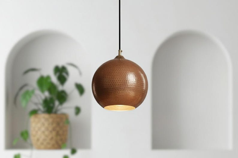 Handmade Moroccan Brass Globe Pendant Light – Hammered Copper Brass Hanging Lamp, Warm Boho Mediterranean Ceiling Light for Kitchen Island, Dining Room, Bedroom & Entryway