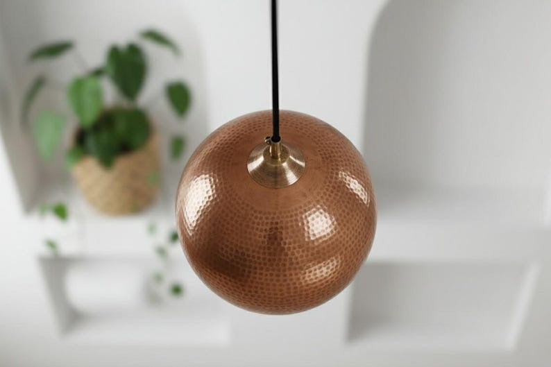 Handmade Moroccan Brass Globe Pendant Light – Hammered Copper Brass Hanging Lamp, Warm Boho Mediterranean Ceiling Light for Kitchen Island, Dining Room, Bedroom & Entryway