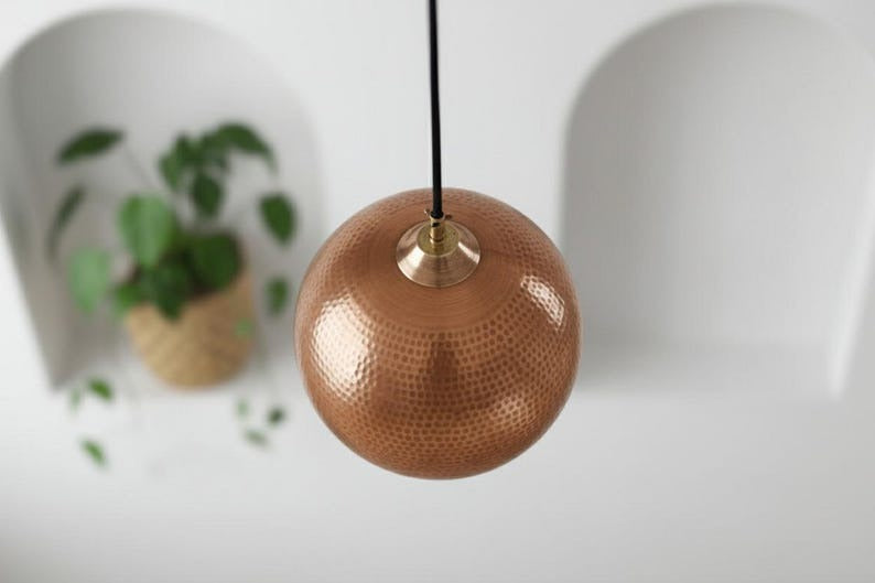 Handmade Moroccan Brass Globe Pendant Light – Hammered Copper Brass Hanging Lamp, Warm Boho Mediterranean Ceiling Light for Kitchen Island, Dining Room, Bedroom & Entryway