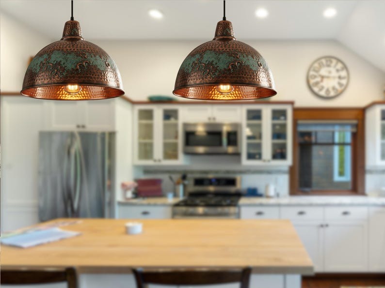 Handmade Moroccan Brass Dome Pendant Light – Aged Copper and Green Verdigris Hanging Lamp with Hammered Texture and Warm Brass Interior for Kitchen Island, Dining Room & Living Room