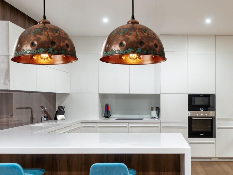 Handmade Moroccan Brass Dome Pendant Light – Aged Copper and Green Verdigris Hanging Lamp with Hammered Texture and Warm Brass Interior for Kitchen Island, Dining Room & Living Room