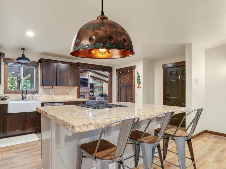 Handmade Moroccan Brass Dome Pendant Light – Aged Copper and Green Verdigris Hanging Lamp with Hammered Texture and Warm Brass Interior for Kitchen Island, Dining Room & Living Room