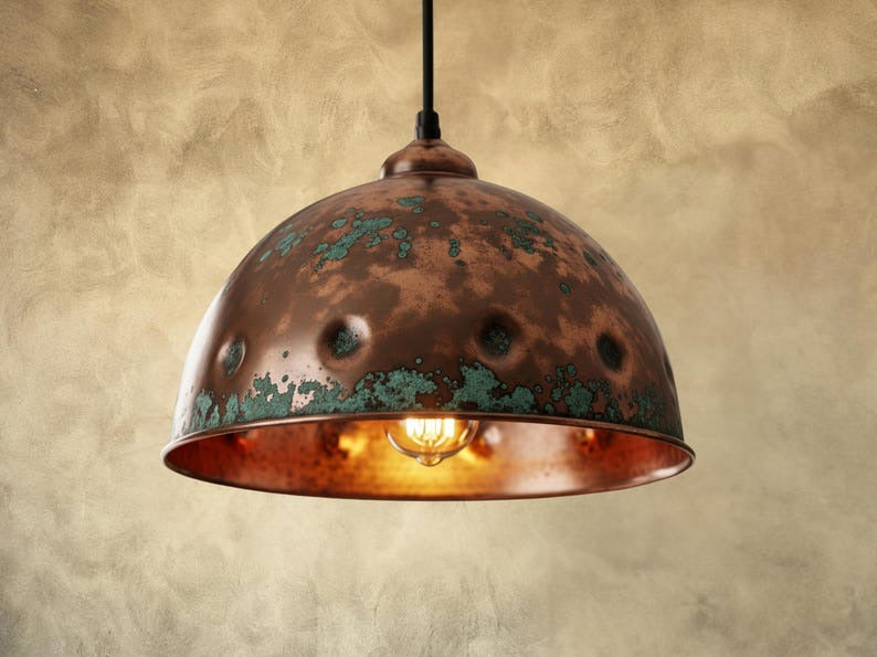 Handmade Moroccan Brass Dome Pendant Light – Aged Copper and Green Verdigris Hanging Lamp with Hammered Texture and Warm Brass Interior for Kitchen Island, Dining Room & Living Room