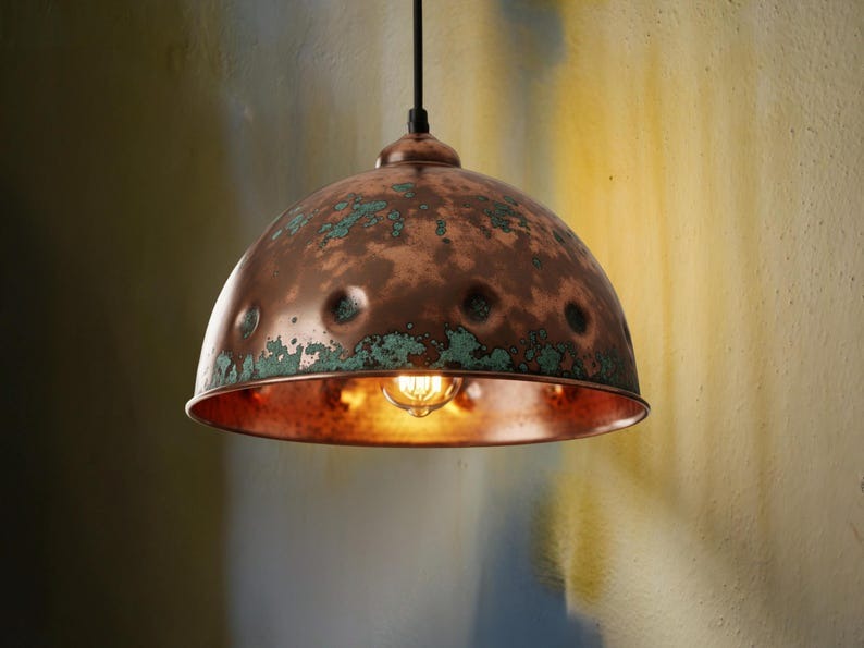 Handmade Moroccan Brass Dome Pendant Light – Aged Copper and Green Verdigris Hanging Lamp with Hammered Texture and Warm Brass Interior for Kitchen Island, Dining Room & Living Room