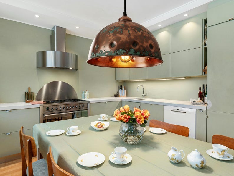 Handmade Moroccan Brass Dome Pendant Light – Aged Copper and Green Verdigris Hanging Lamp with Hammered Texture and Warm Brass Interior for Kitchen Island, Dining Room & Living Room