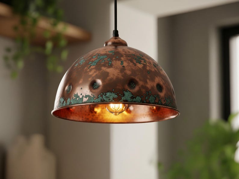 Handmade Moroccan Brass Dome Pendant Light – Aged Copper and Green Verdigris Hanging Lamp with Hammered Texture and Warm Brass Interior for Kitchen Island, Dining Room & Living Room