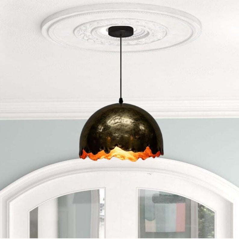 Handmade Blackened Brass Pendant Light – Moroccan Scalloped Dome Hanging Lamp with Warm Copper Interior for Kitchen Island, Dining Room & Boho Home Décor