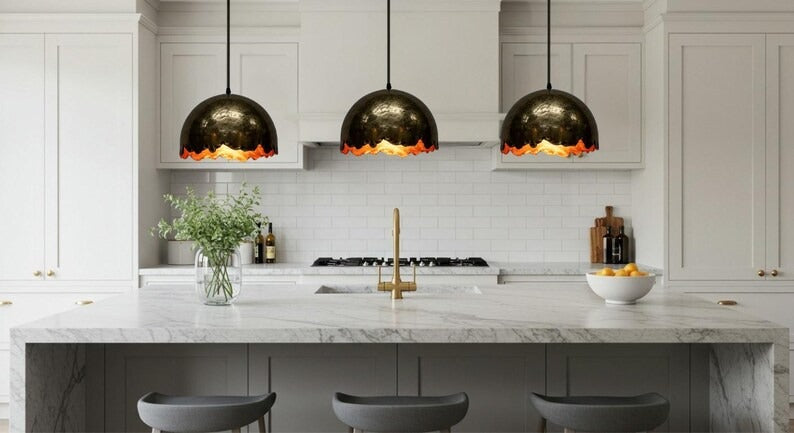 Handmade Blackened Brass Pendant Light – Moroccan Scalloped Dome Hanging Lamp with Warm Copper Interior for Kitchen Island, Dining Room & Boho Home Décor