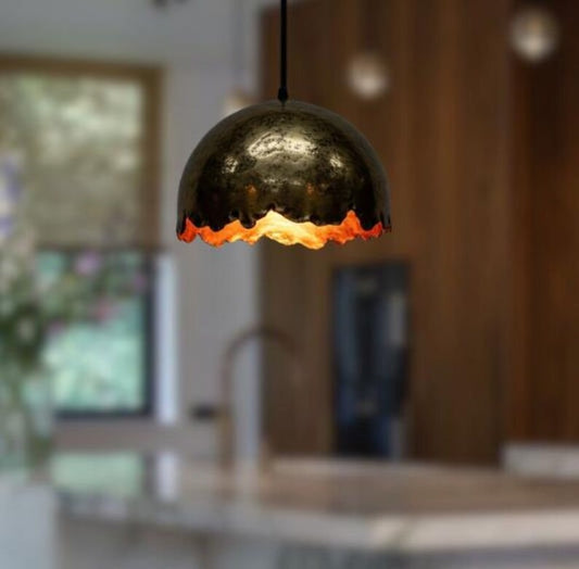 Handmade Blackened Brass Pendant Light – Moroccan Scalloped Dome Hanging Lamp with Warm Copper Interior for Kitchen Island, Dining Room & Boho Home Décor