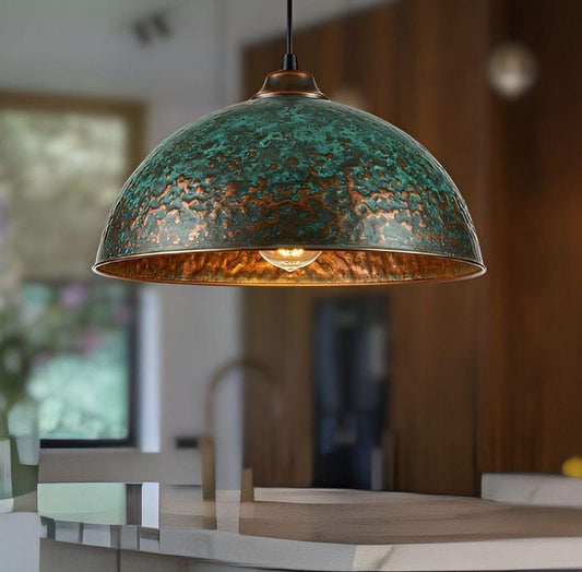Handmade Green Patina Brass Pendant Light – Moroccan Hammered Dome Hanging Lamp with Warm Copper Brass Interior for Kitchen Island, Dining Room & Boho Home Décor