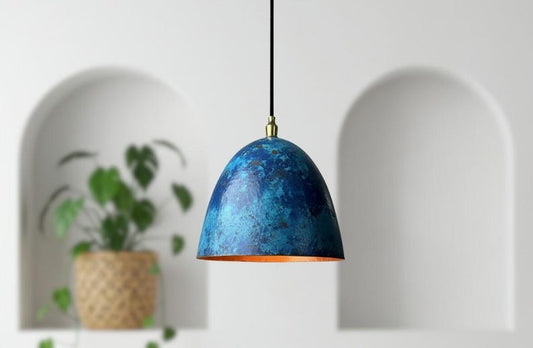 Handmade Moroccan Brass Dome Pendant Light – Blue Patina Brass Hanging Lamp with Warm Copper Gold Interior, Boho Mediterranean Ceiling Light for Kitchen Island, Dining Room, Bedroom, Entryway & Living Room