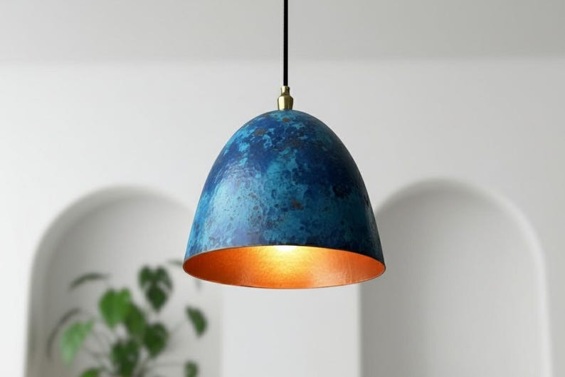 Handmade Moroccan Brass Dome Pendant Light – Blue Patina Brass Hanging Lamp with Warm Copper Gold Interior, Boho Mediterranean Ceiling Light for Kitchen Island, Dining Room, Bedroom, Entryway & Living Room