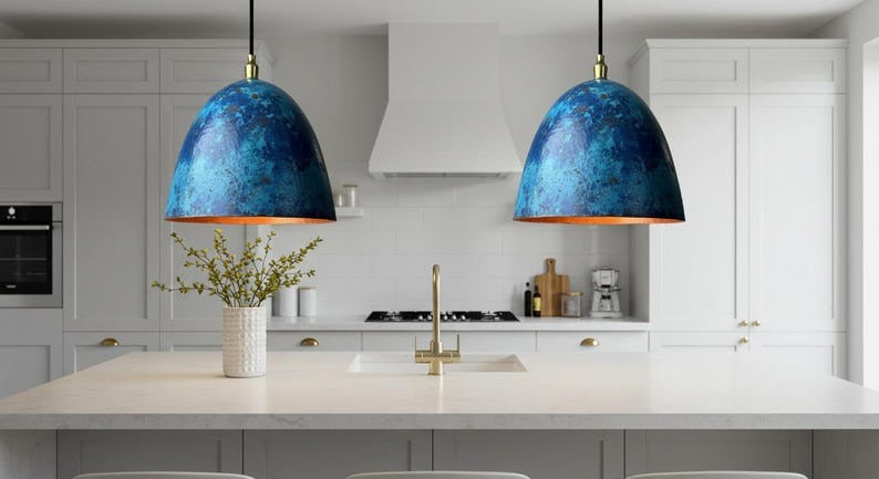 Handmade Moroccan Brass Dome Pendant Light – Blue Patina Brass Hanging Lamp with Warm Copper Gold Interior, Boho Mediterranean Ceiling Light for Kitchen Island, Dining Room, Bedroom, Entryway & Living Room